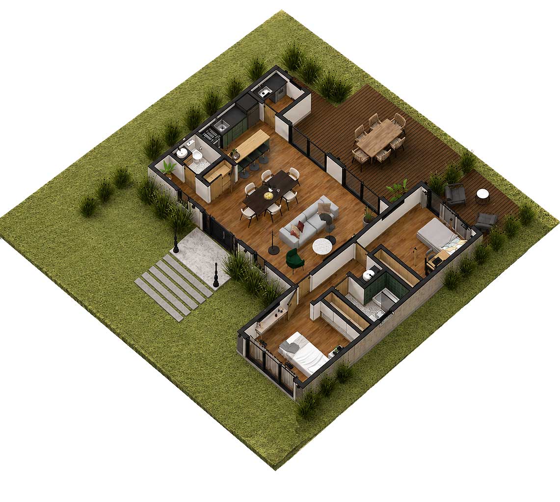 Axonométrica de prediseño Iguazú de 2 dormitorios
