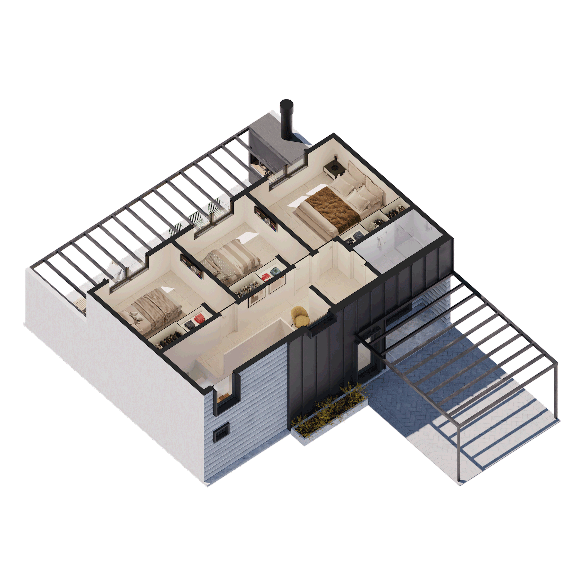 Axonométrica de prediseño Ischigualasto de 3 dormitorios Planta Alta
