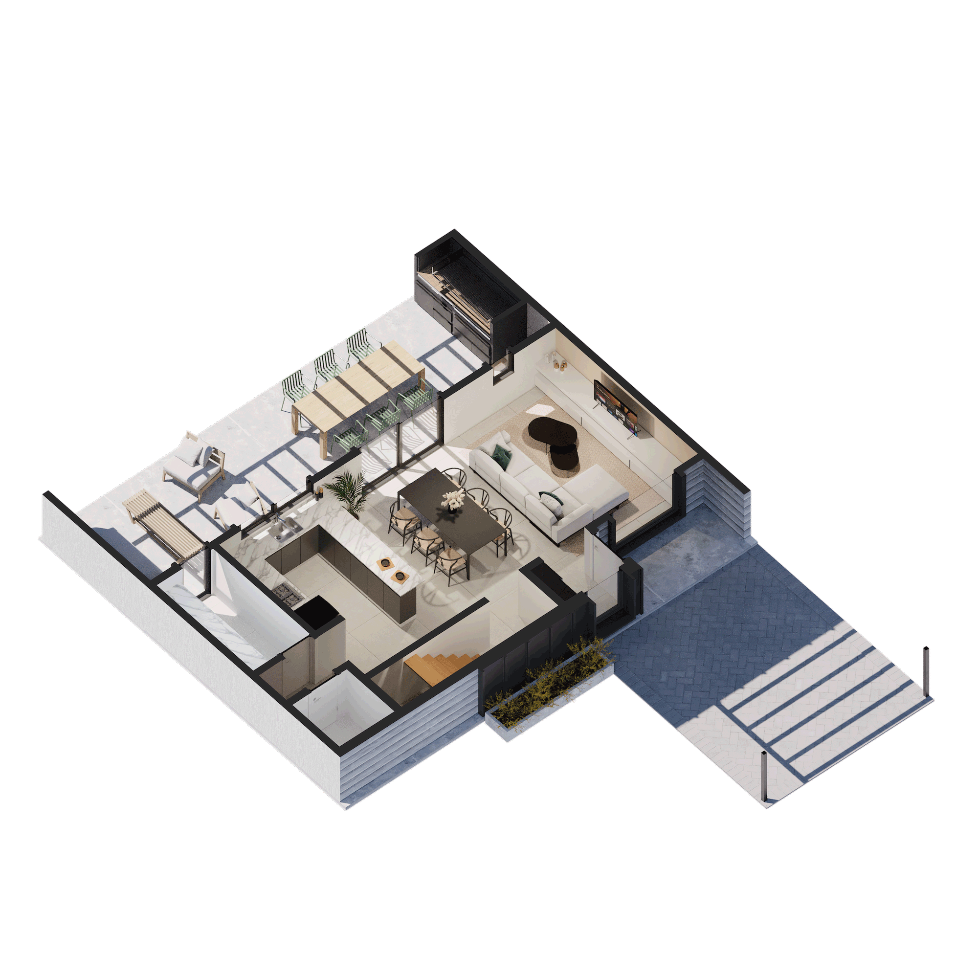 Axonométrica de prediseño Ischigualasto de 3 dormitorios Planta Baja