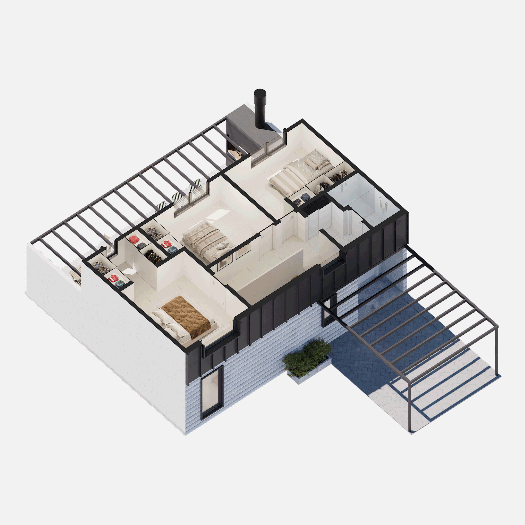 Axonométrica de prediseño Lanín de 3 dormitorios, Planta Alta.