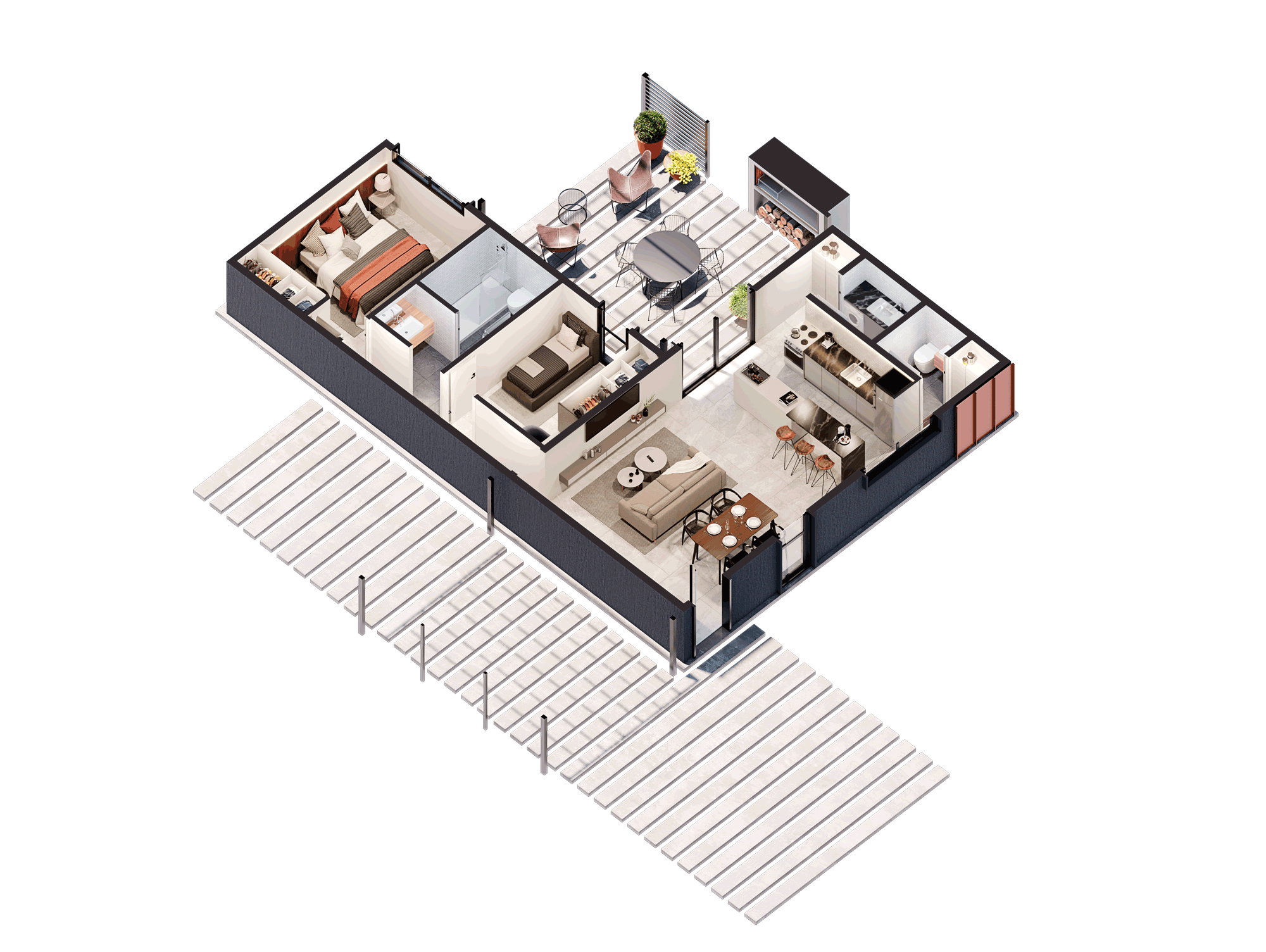 Axonométrica de prediseño Talampaya de 2 dormitorios