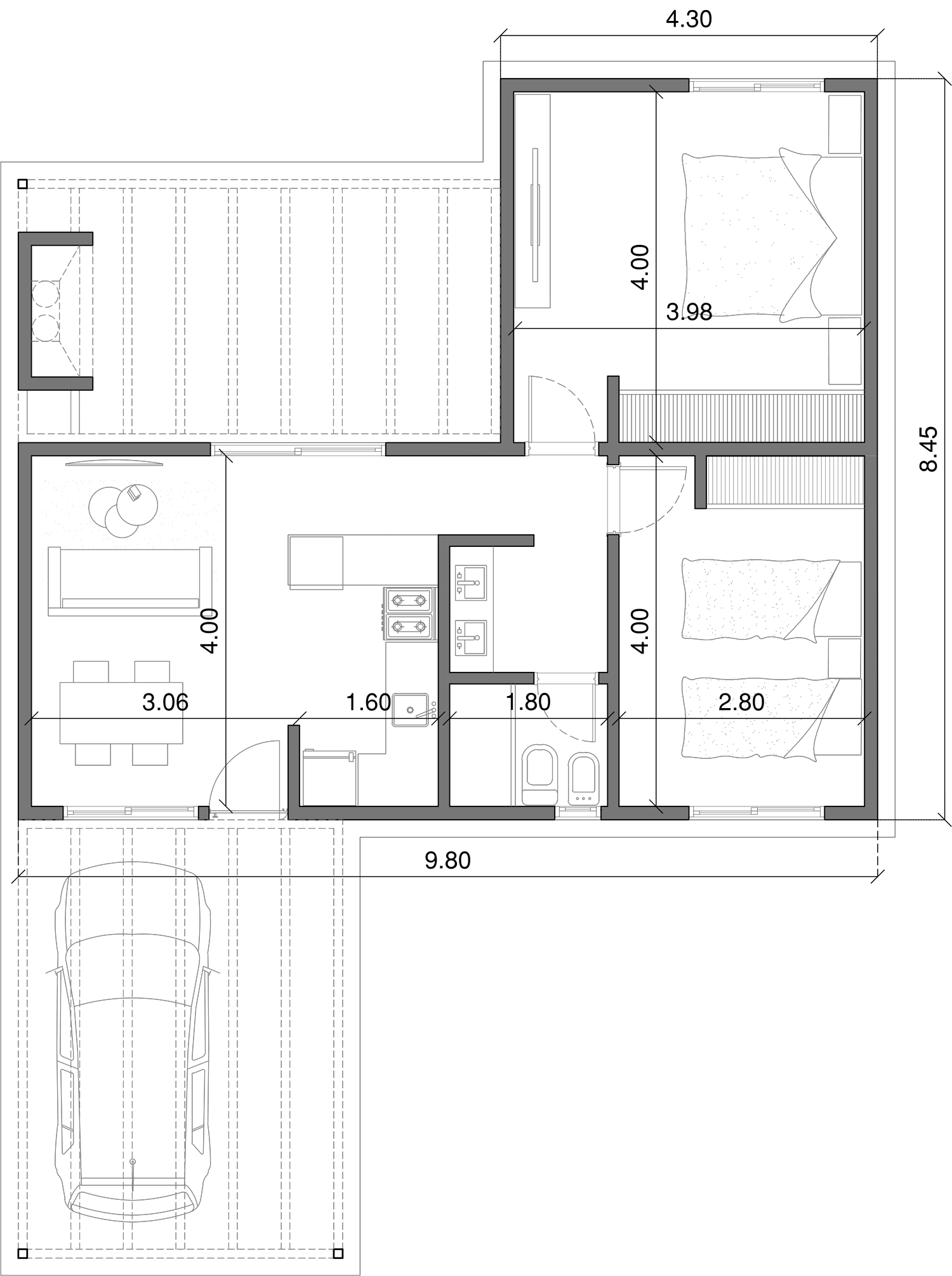 Planta de Arquitectura Fitz Roy 2 dormitorios