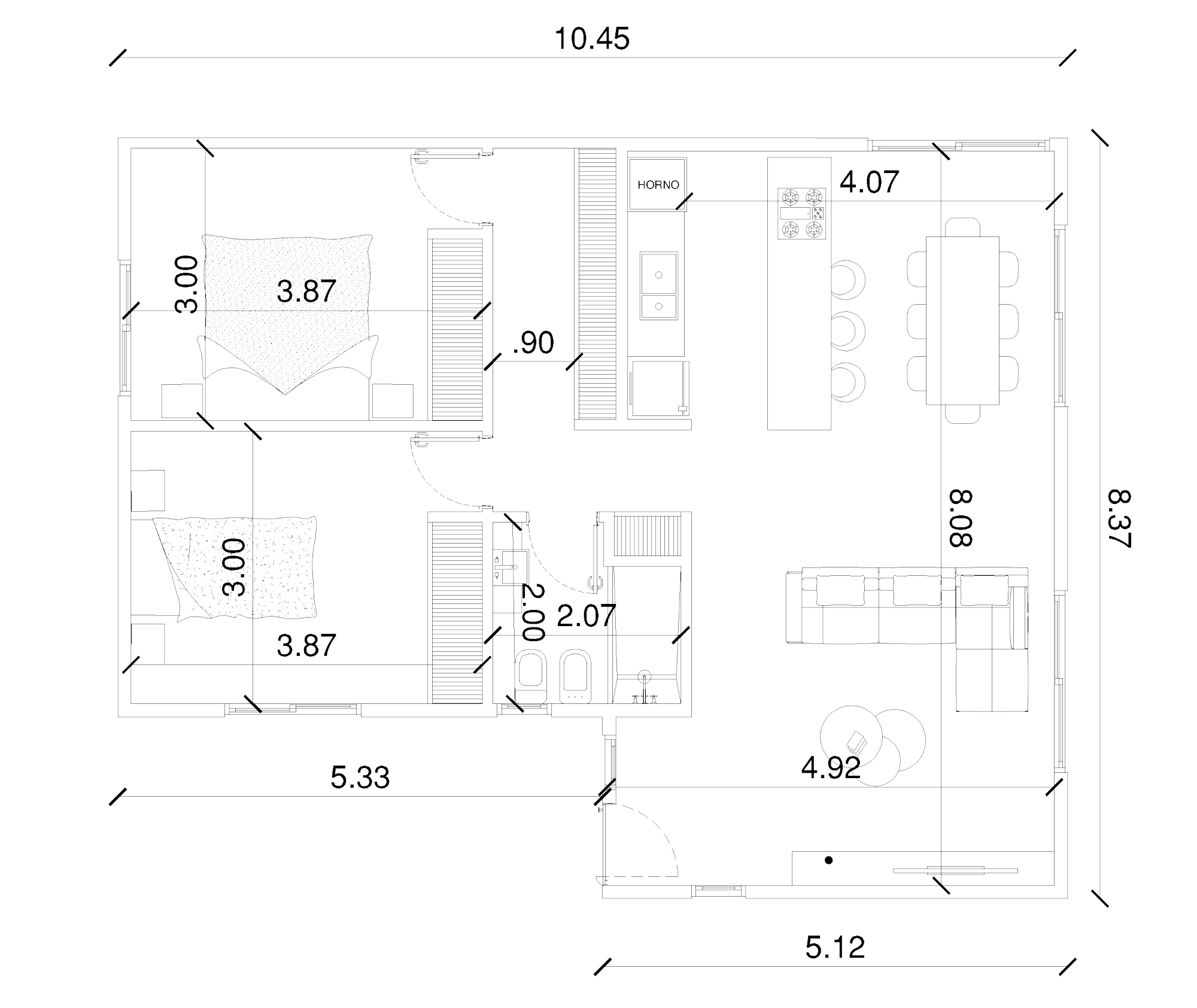 Planta de arquitectura Los Alerces 2 dormitorios