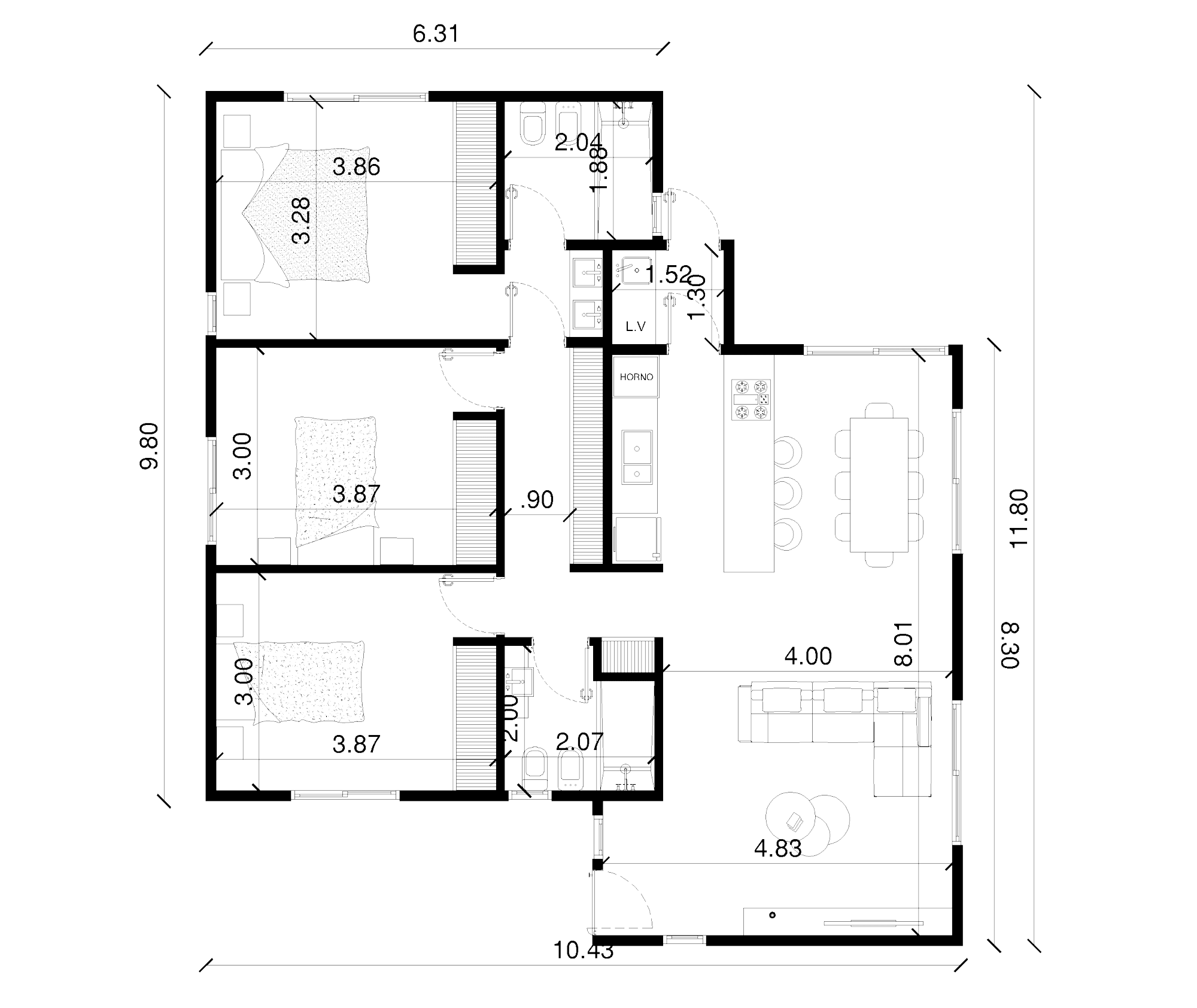 Planta de arquitectura Los Alerces 3 dormitorios