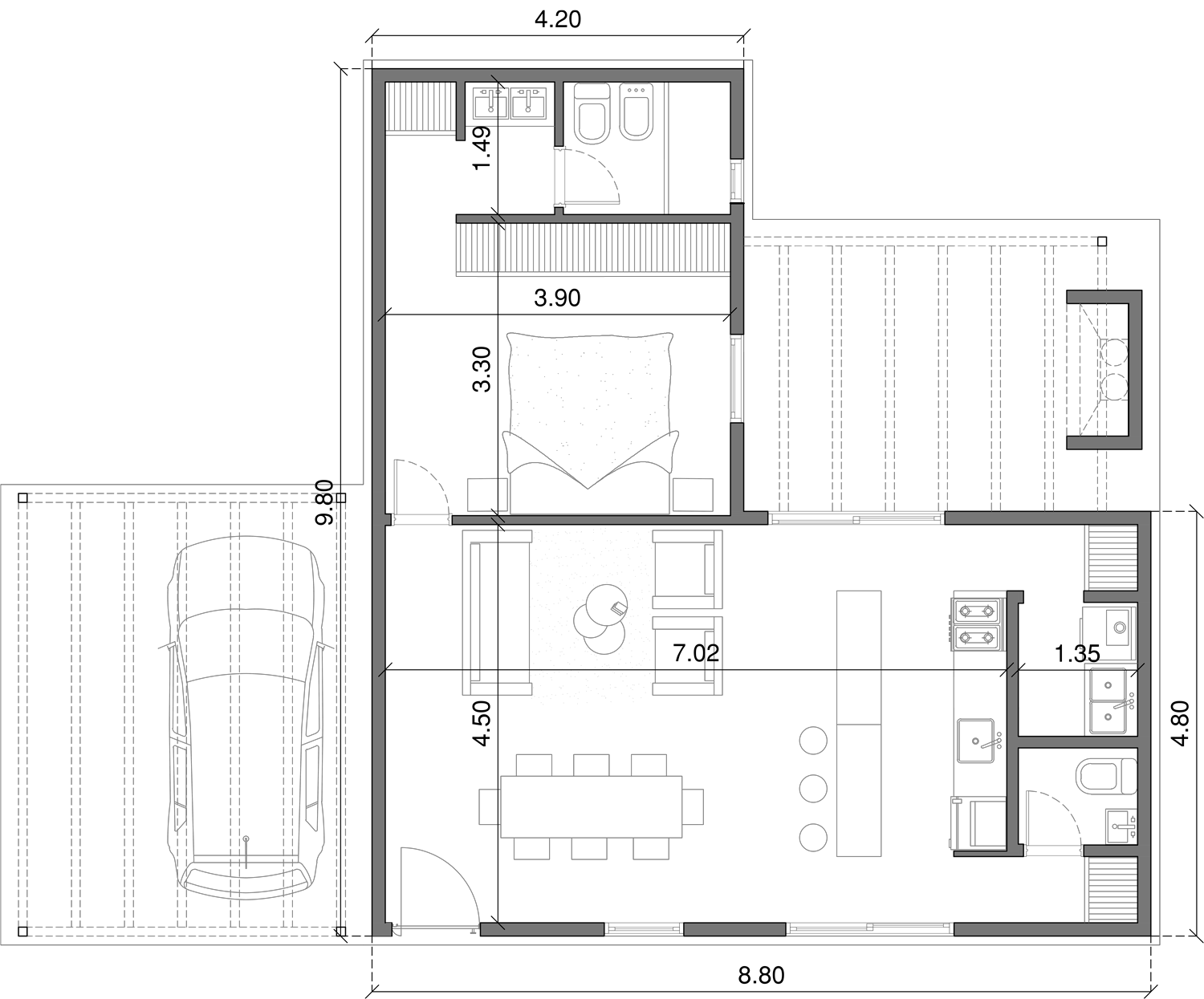 Planta de arquitectura Talampaya 1 dormitorio