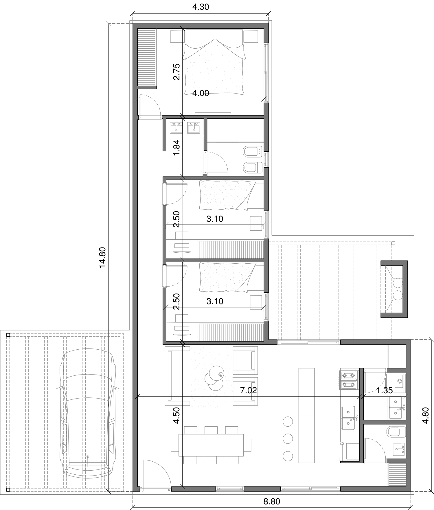 Planta de arquitectura Talampaya 3 dormitorios